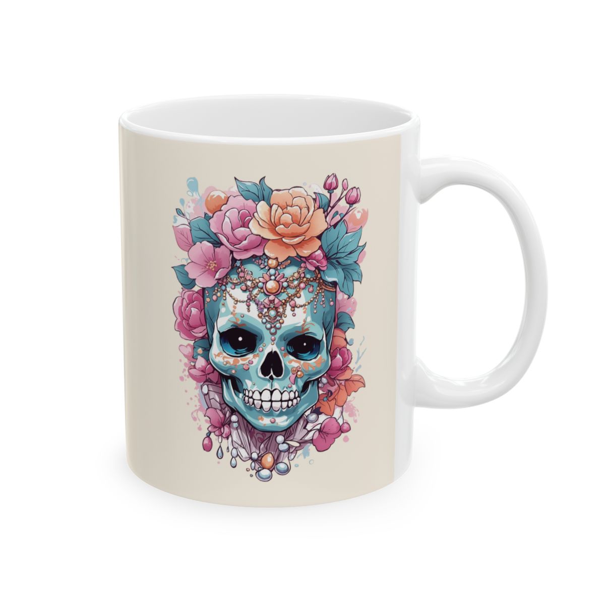 Pastel colored Mug with a colorful skull wearing jewelry and flowers design 