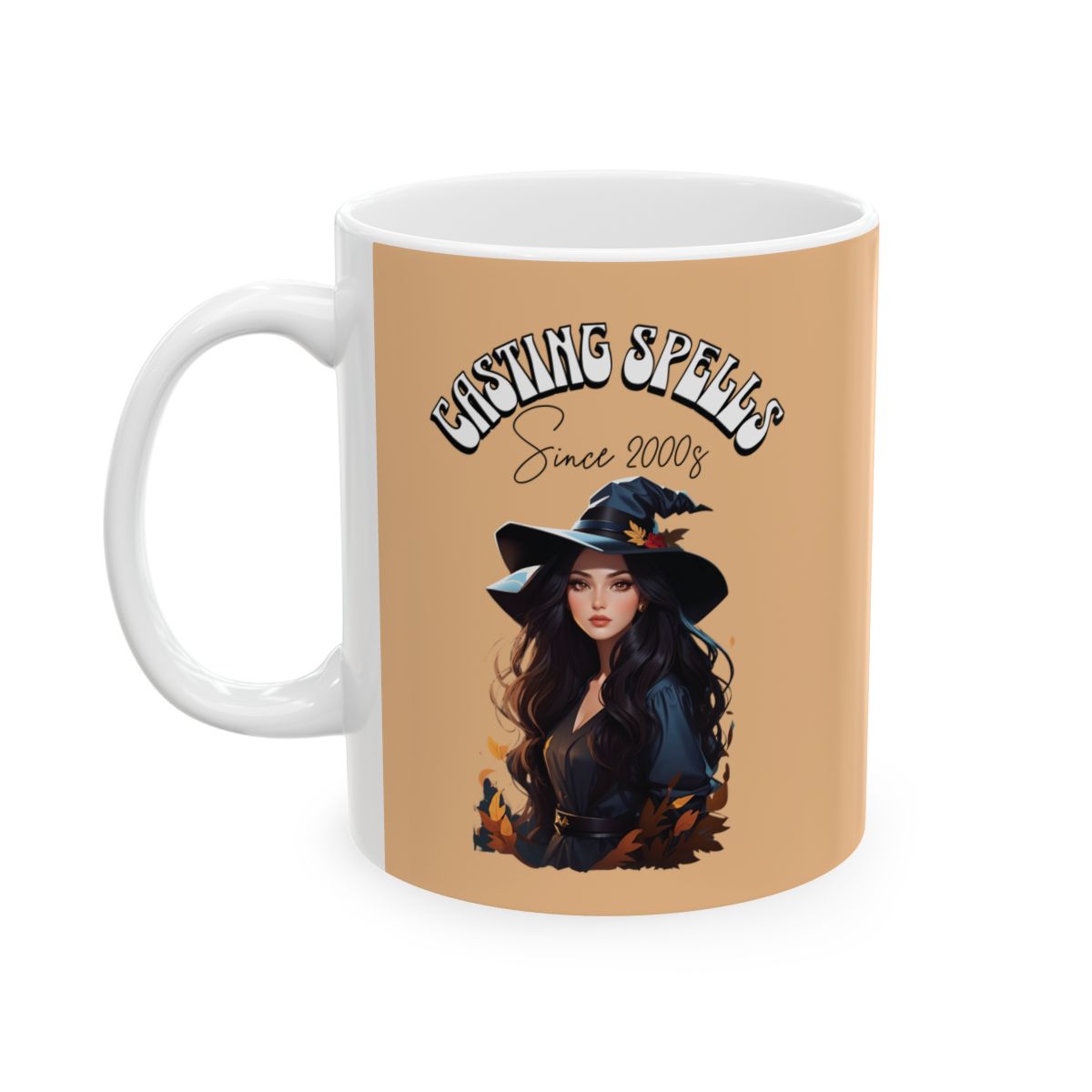 Mug with a witch design, fall leaves and a 'Casting Spells Since 2000s' text in retro groovy letters on a beige background