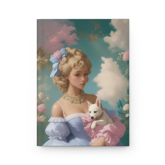 Journal with an illustration of a sad looking young blonde woman dressed in a pastel colored, period drama aesthetic gown, holding a small a dog against a background with floral design and cotton candy clouds