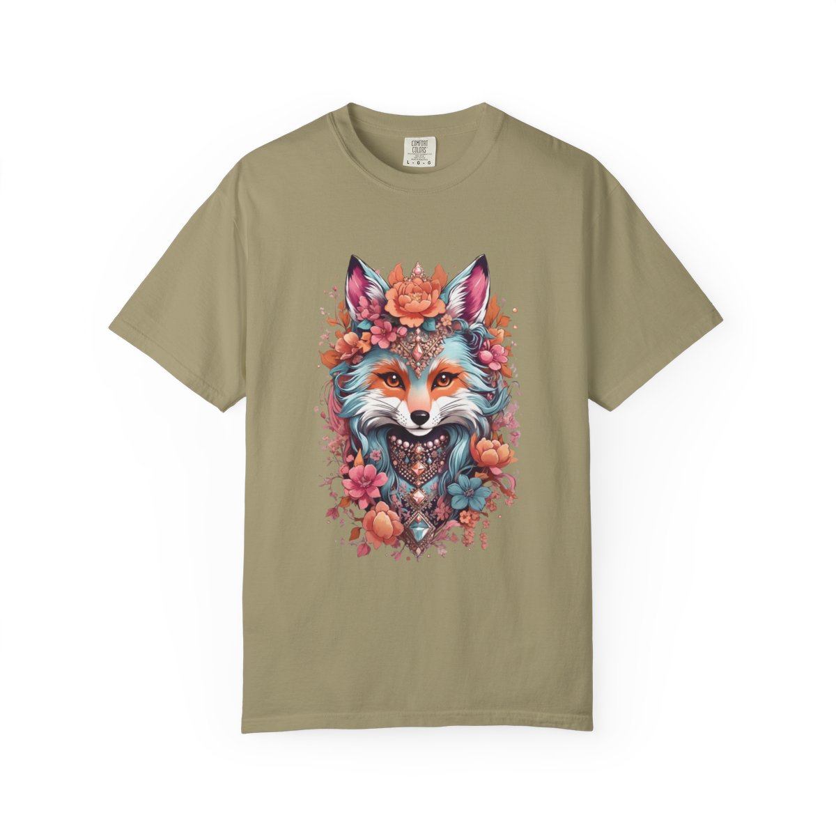 Kaki green t-shirt with a colorful boho chic style fox dressed in flowers and jewels graphic on a white background