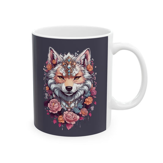 Mug with a colorful wolf design wearing jewelry and surrounded by flowers on a dark background