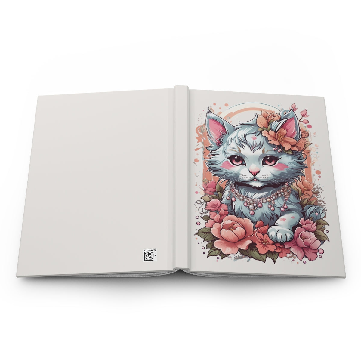 open notebook with an Illustration of a cute girly kitten wearing necklace with pastel colored floral decorations on a light background