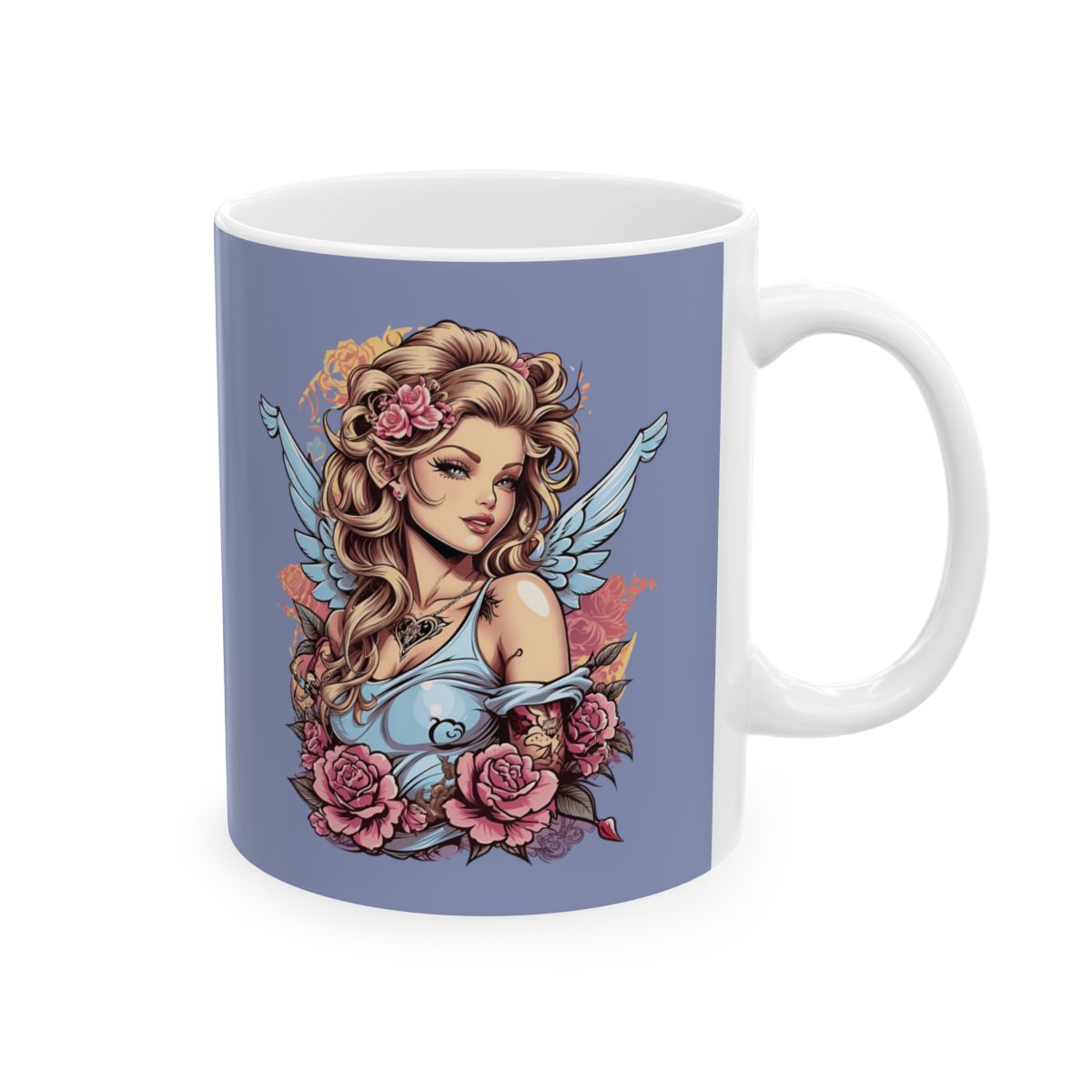 Pastel colored Mug with a blonde retro aesthetic fairy design on a light purple background