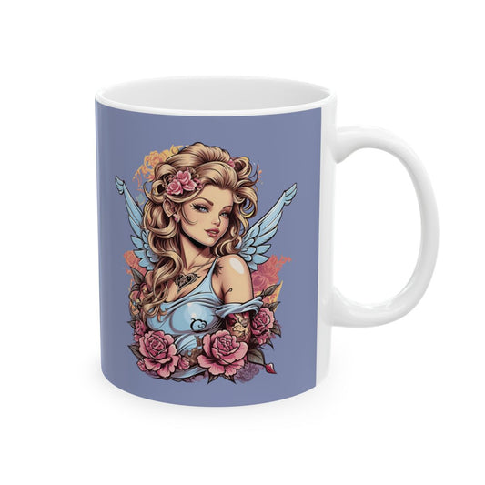 Pastel colored Mug with a blonde retro aesthetic fairy design on a light purple background