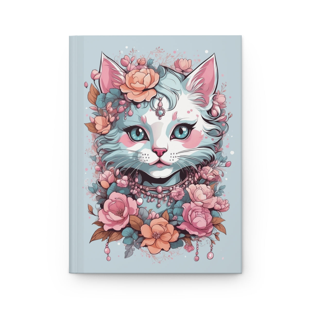 Journal with an Illustration of a kawaii aesthetic kitten portrait with pastel colored  floral decorations on a light blue background