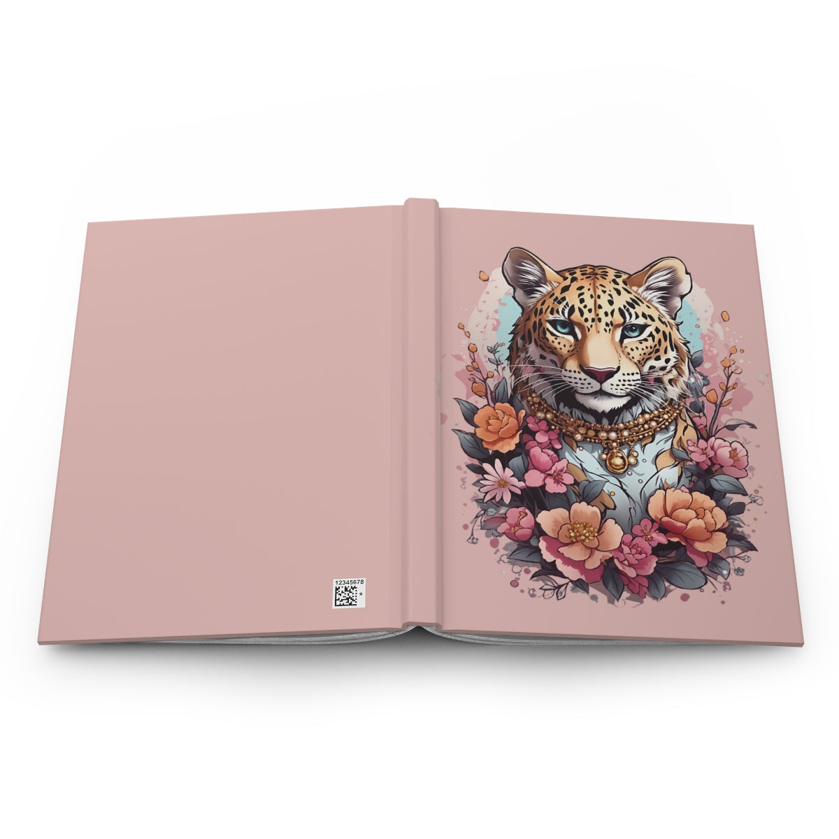 open pastel pink notebook with an illustration of a leopard wearing a necklace surrounded by pink and orange flowers