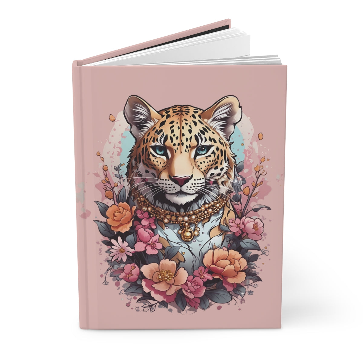pink hardcover journal with an illustration of a leopard wearing jewelry surrounded by pastel colored flowers 