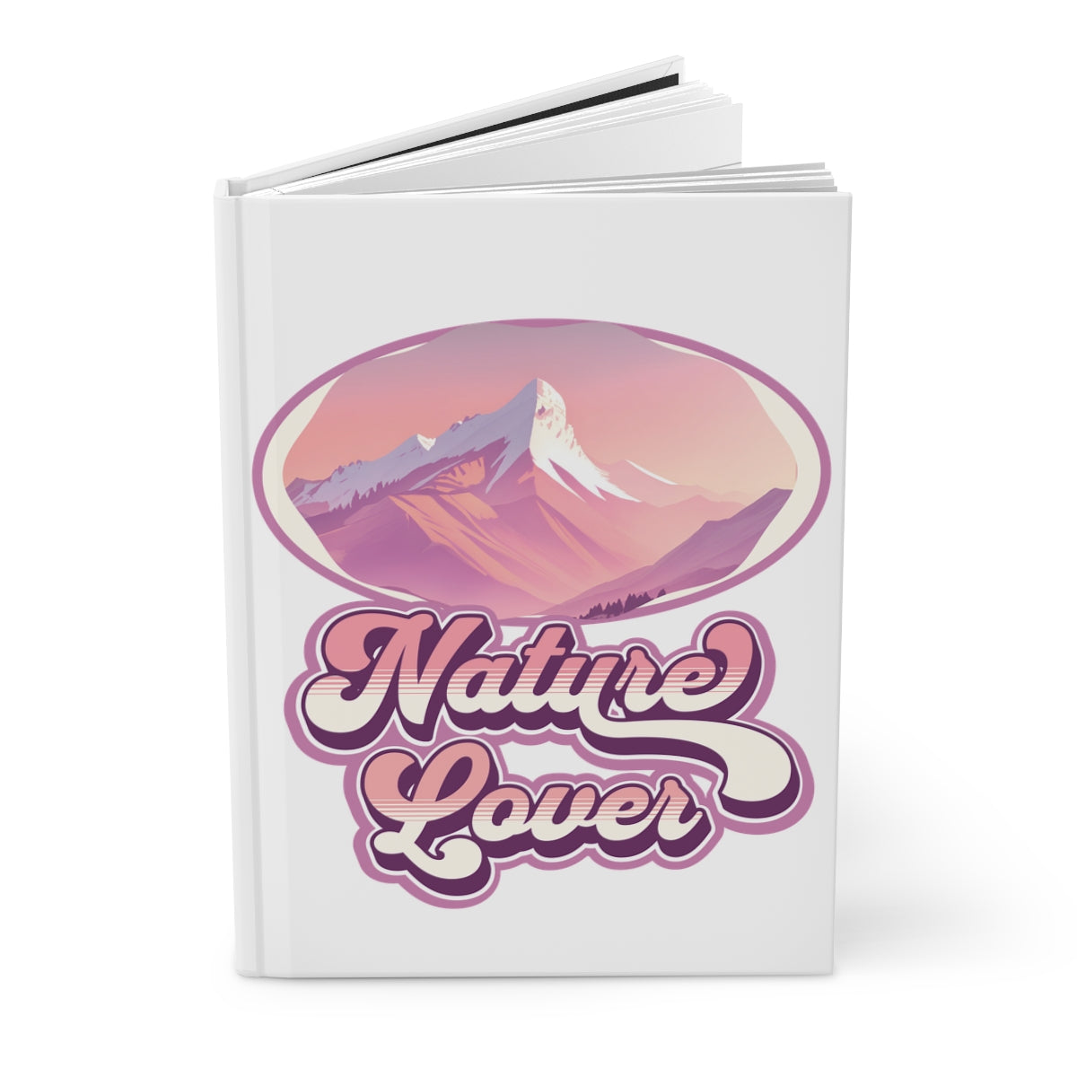 hardcover Notebook with retro groovy aesthetic 'Nature Lover' text featuring a pastel pink mountain on a white background