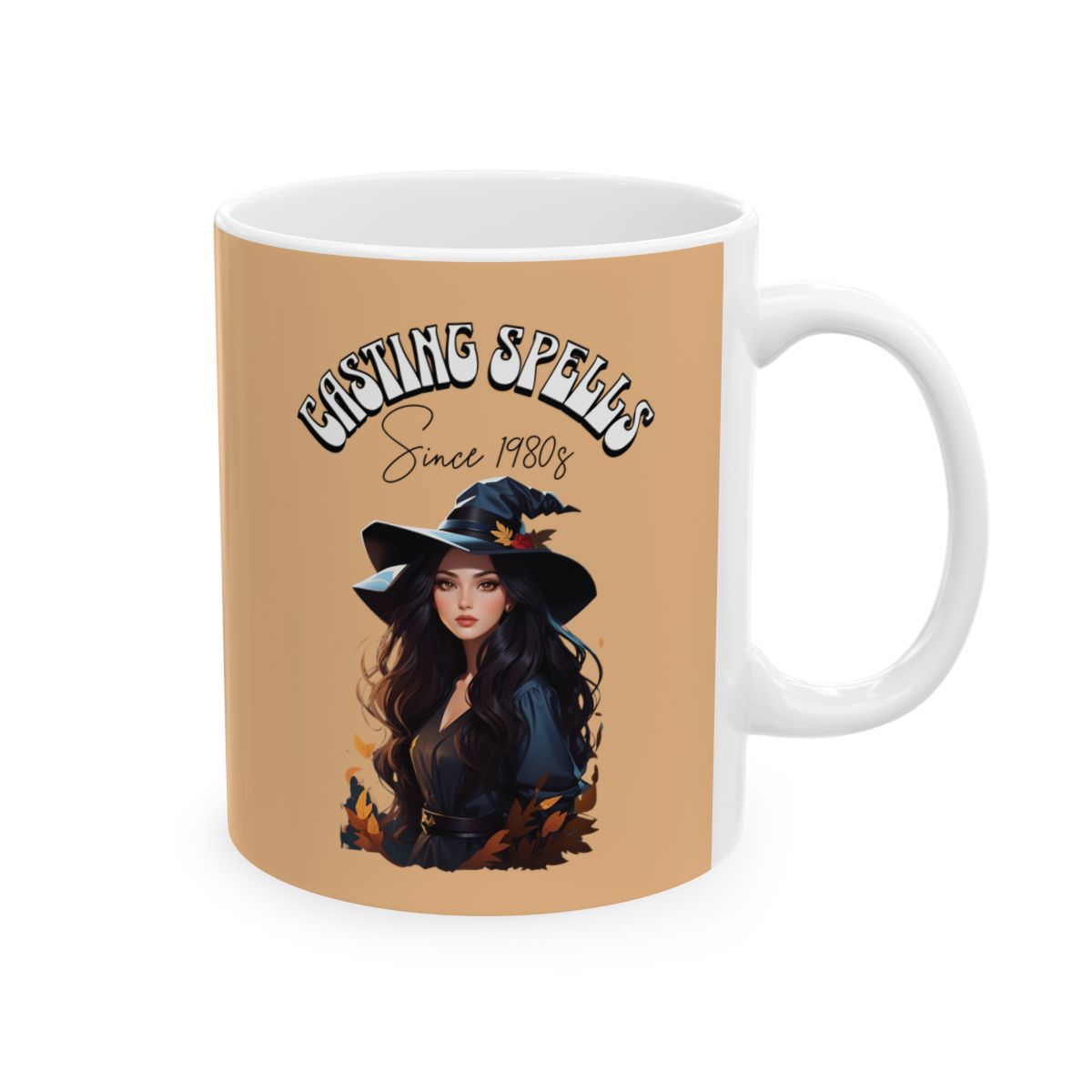 Mug with a beautiful brunette witch design, autumn leaves and a retro aesthetic text 'Casting Spells Since 1980s' on a beige background