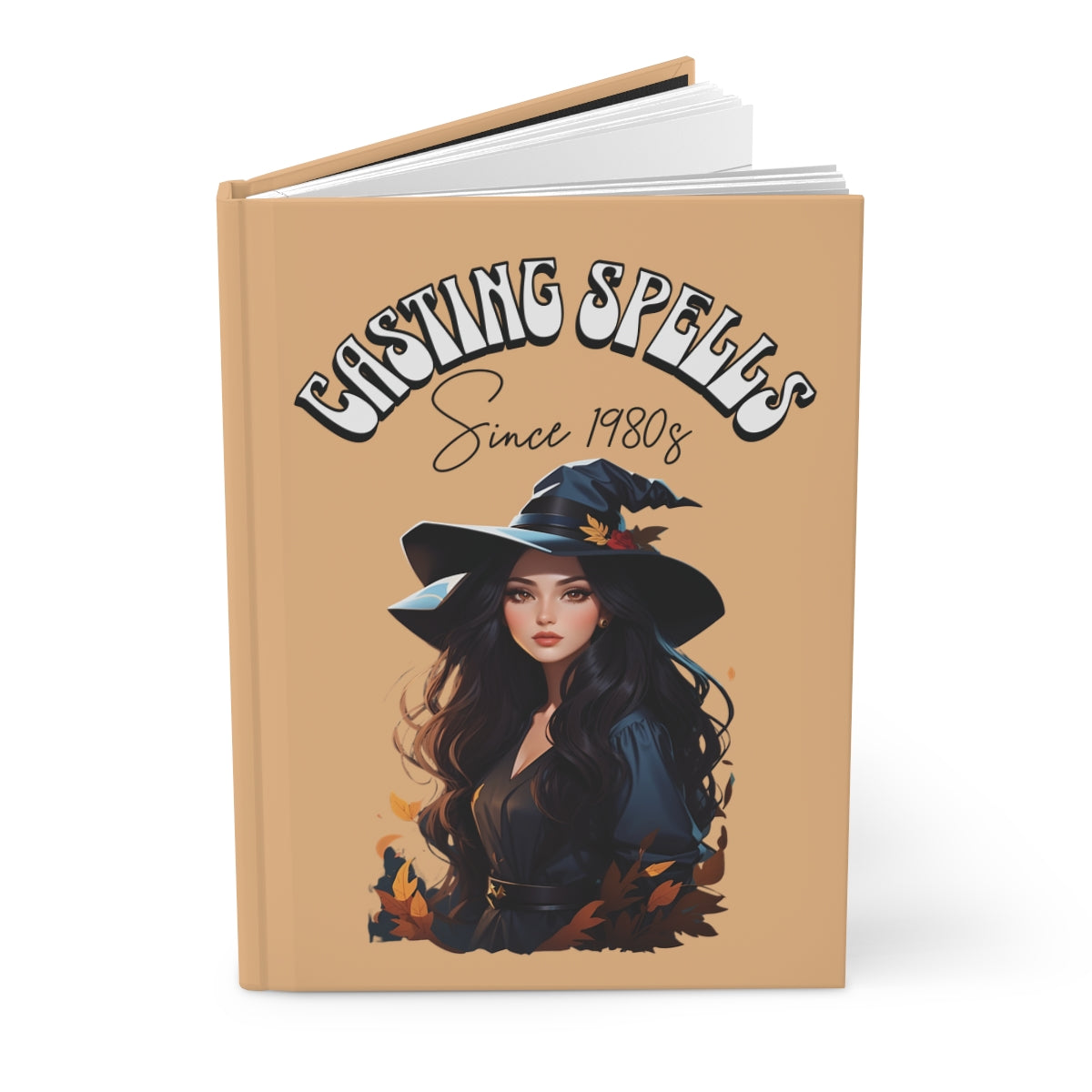 Notebook cover with a beautiful witch girl illustration, fall leaves and 'Casting Spells Since 1980s' text written in retro groovy aesthetic letters on a beige background