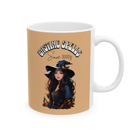 Mug with a witch design and retro groovy text 'Casting Spells Since 2000s' on a beige background