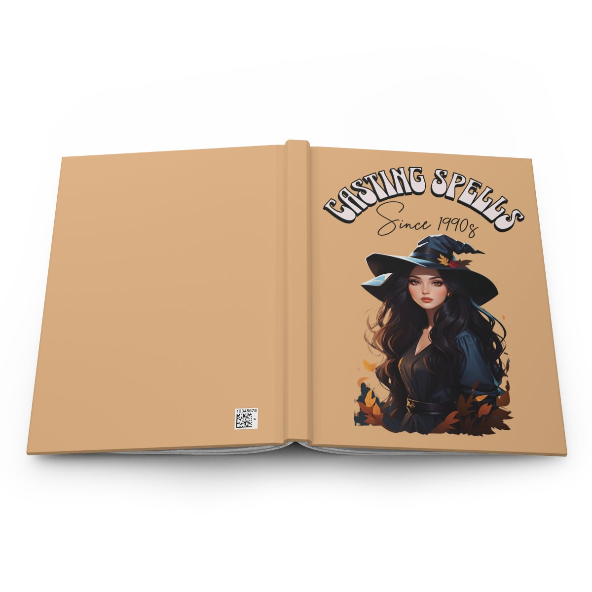 Open hardcover notebook with a stylish witch girl illustration and fall leaves and text 'Casting Spells Since 1990s' written in retro aesthetic font