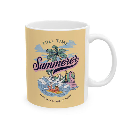 Mug with 'Full Time Summerer' text written with retro letters, design featuring a surfer blonde girl, palm trees and beach elements on a butter yellow background.