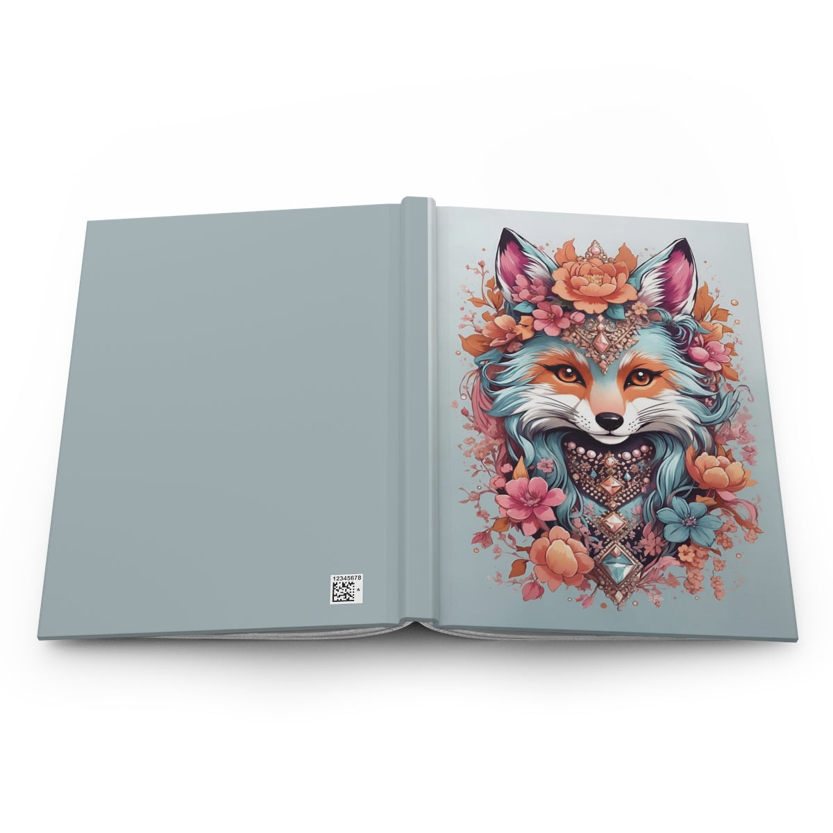 Open notebook with a colorful illustration of a kawaii aesthetic fox surrounded by orange and pink flowers and lots of jewelry on a light blue background