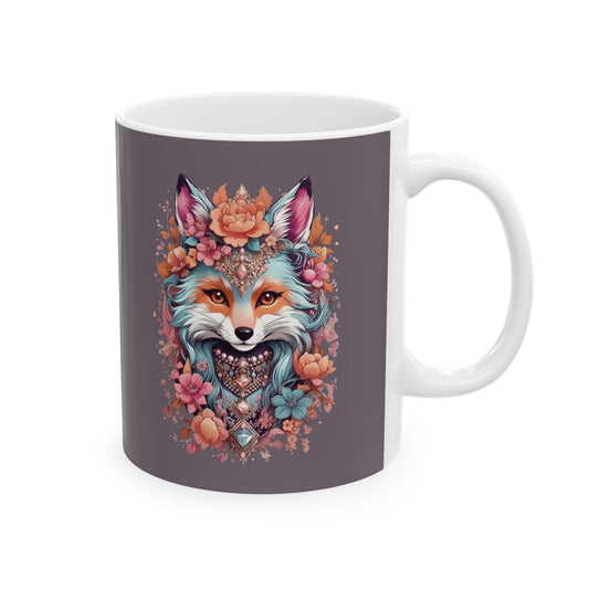Mug with a colorful fox portrait, with flowers and jewelry