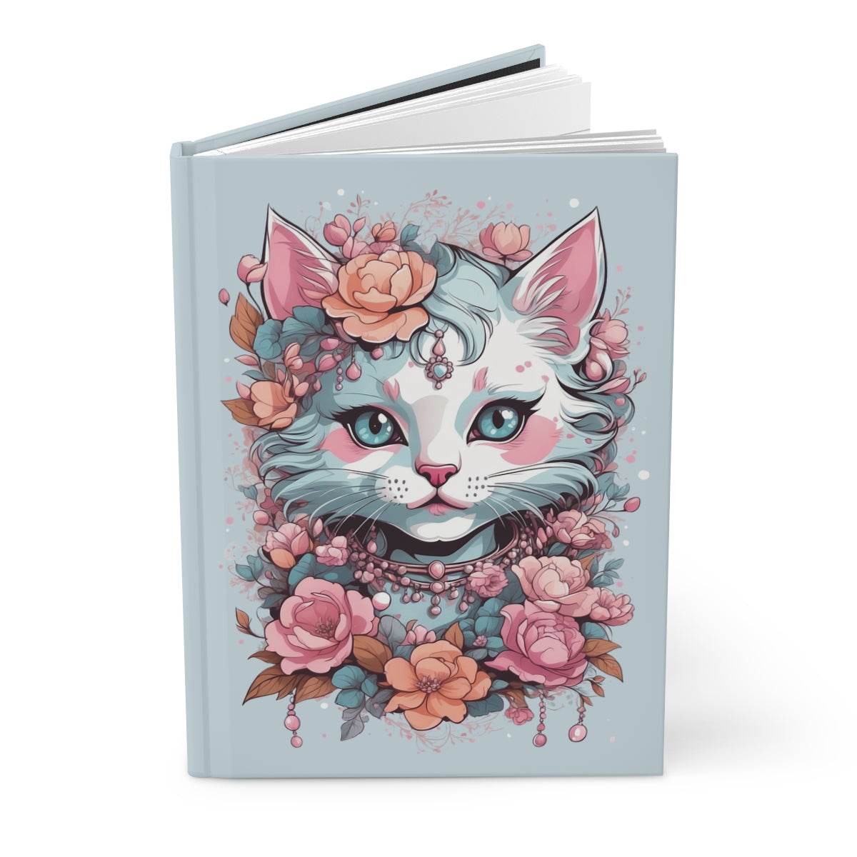 Journal with an Illustration of a girly kawaii aesthetic cat portrait with pastel colored  floral decorations on a pastel blue background
