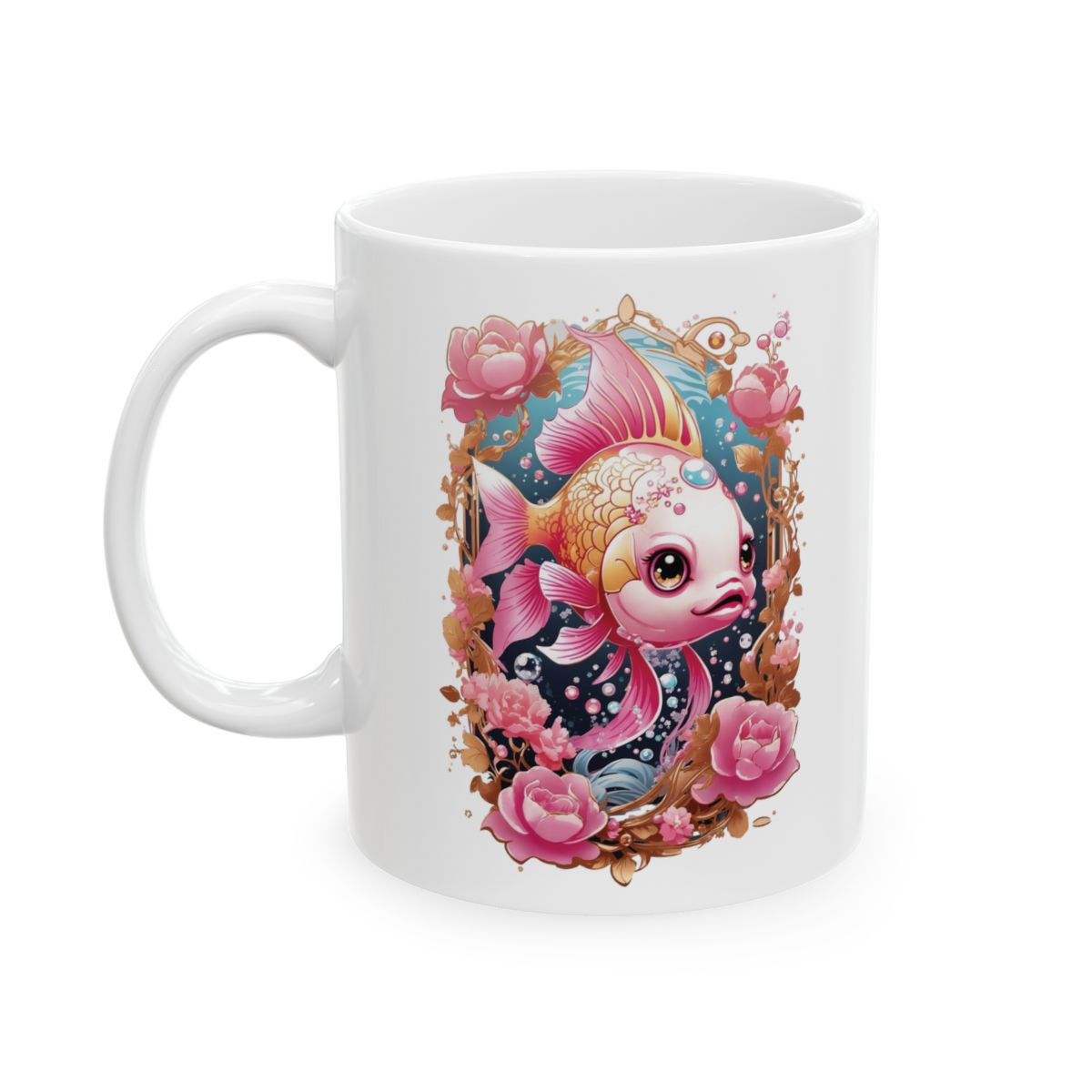 Pink kawaii goldfish under the sea illustration featuring pink flowers 