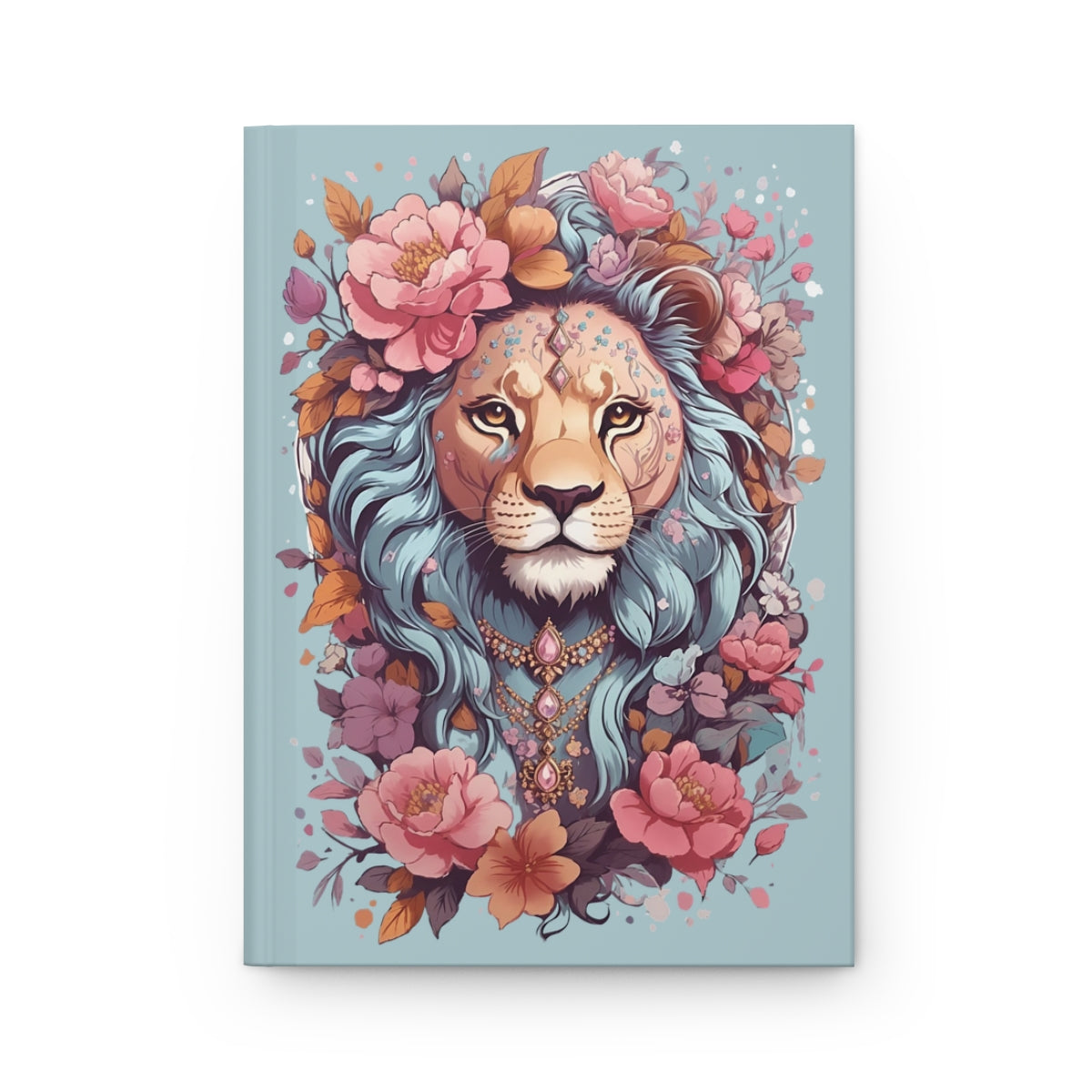 Pastel blue journal with an illustration of a  pastel colored kawaii style lioness wearing jewelry and flowers