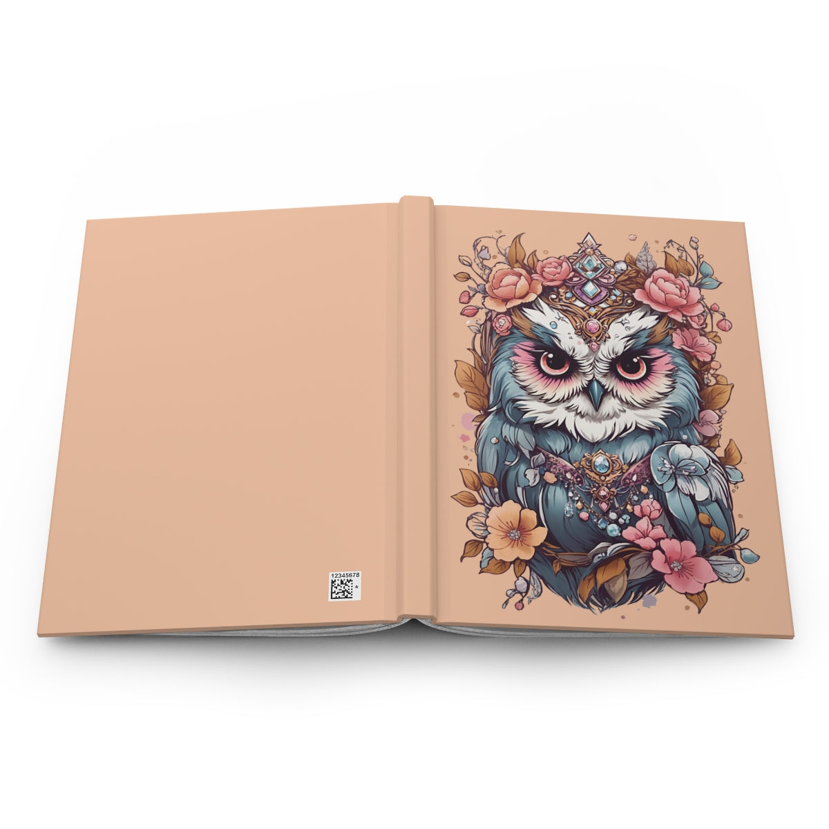 Open notebook with a pastel colored girly owl illustration in kawaii style on a peach colored background