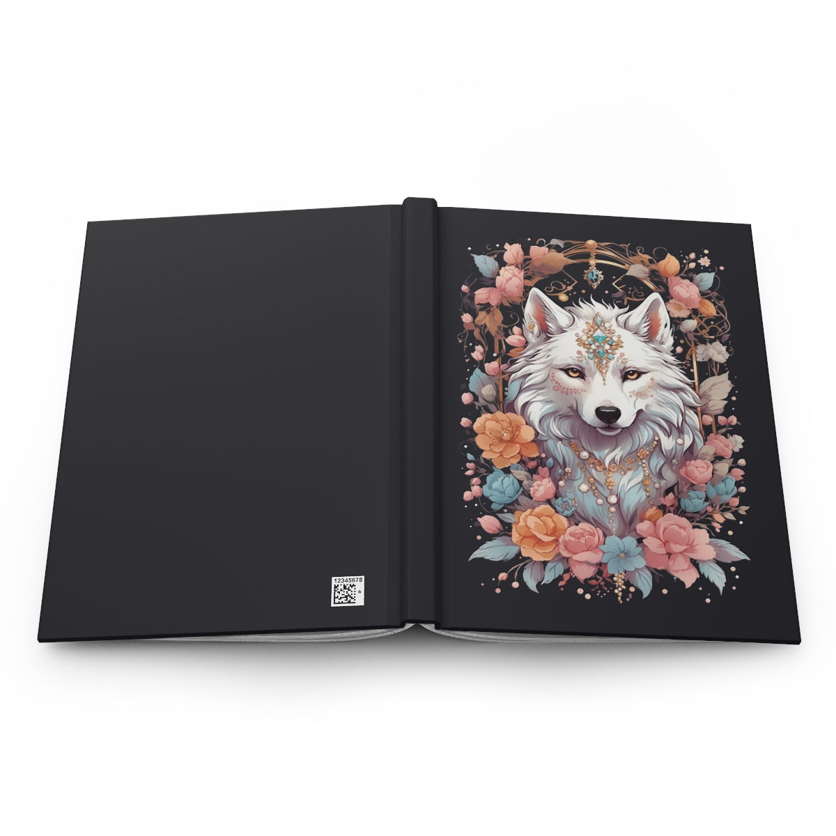 open Notebook with an illustration of a  white female wolf wearing jewelry surrounded by flowers on a black background