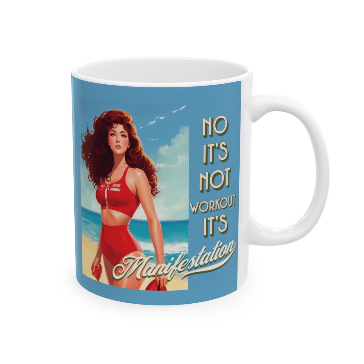 Mug with retro-style illustration of a woman in a red swimsuit and funny law of assumption text on a blue background.