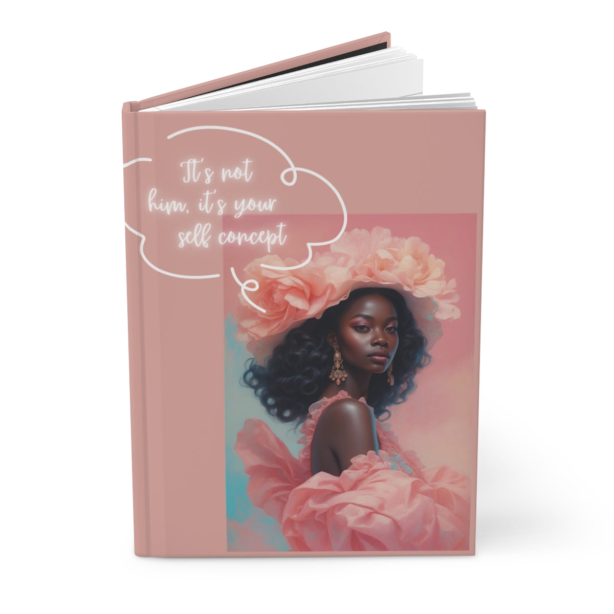 Peachy pink book cover with a chic woman in a pink dress and floral headpiece, funny text about manifesting a specific person 'It's not him, it's your self concept' on a pink background.
