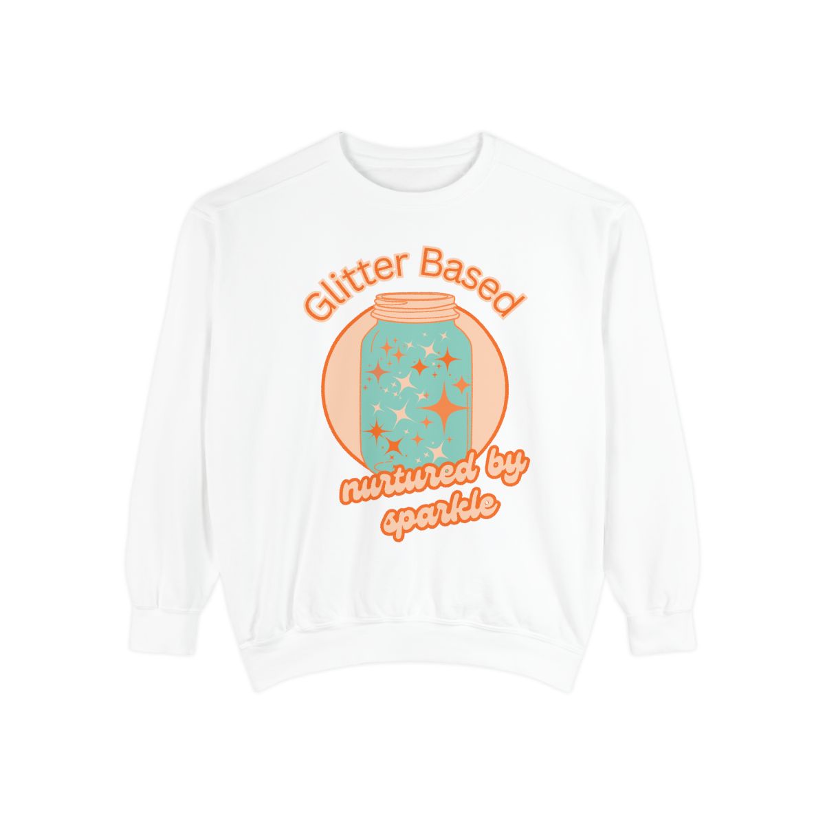 White sweatshirt with orange and mint colored  graphic design of a jar filled with glitter and retro style text on a white background