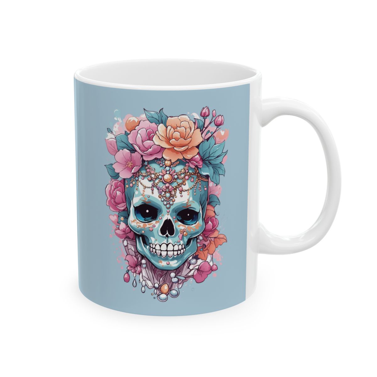 pastel blue Mug with a colorful skull dressed in jewels and flowers design 