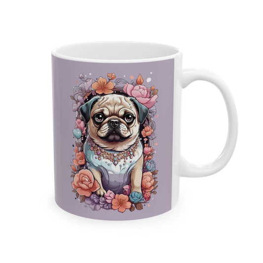 Mug with a kawaii style pug illustration wearing a necklace, surrounded by flowers on a light purple background