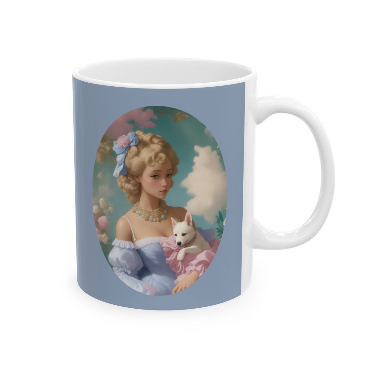 Pastel blue mug with an illustration of a girl dressed in rococo style fashion in pastel colors, holding a little dog, she is standing in front of cotton candy clouds