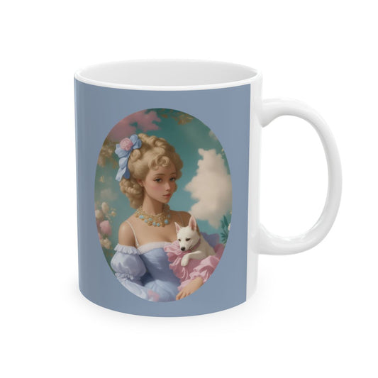 Pastel blue mug with an illustration of a girl dressed in rococo style fashion in pastel colors, holding a little dog, she is standing in front of cotton candy clouds
