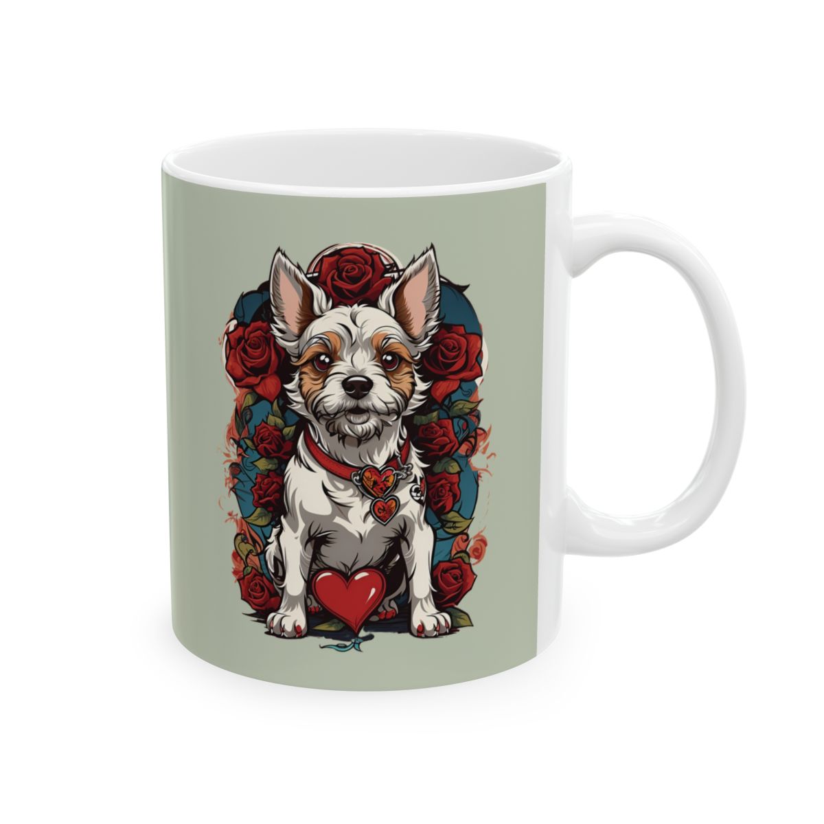 Mug with a tattoo art terrier dog and a heart and roses design on a light green background