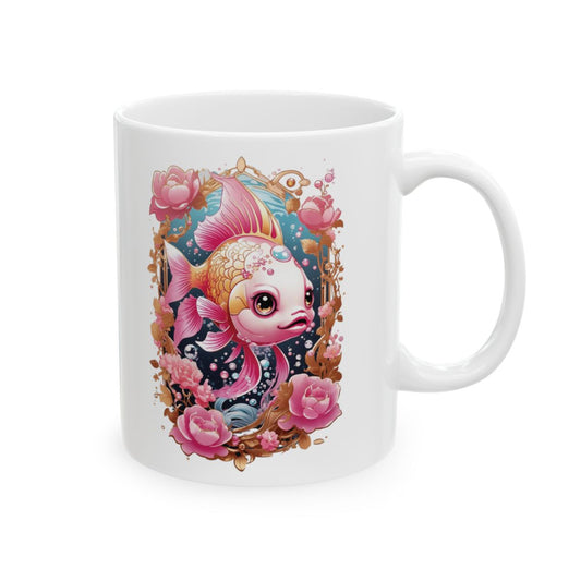 Pink kawaii koi fish illustration featuring pink flowers 