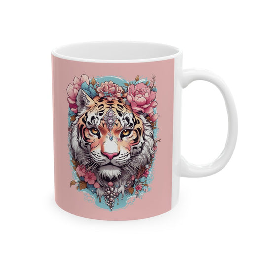Pastel pink Mug with a tiger and floral design