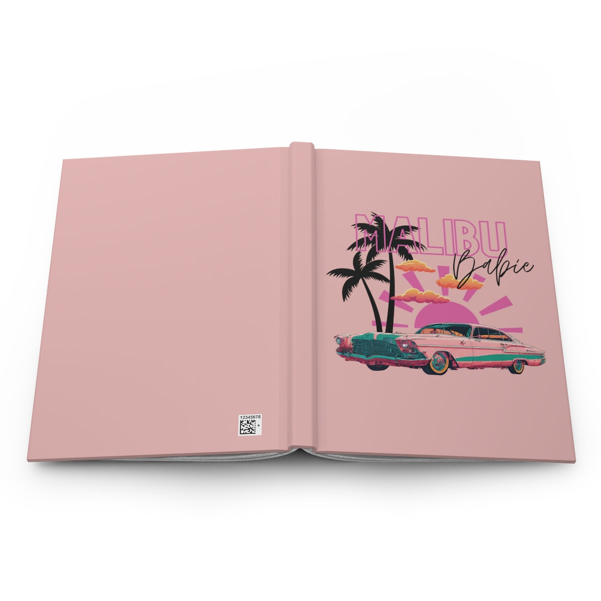 Open notebook with a pink cover featuring a pink  vintage car, palm trees, pastel orange clouds, a pink sunset and 'Malibu Babie' text on a pastel pink background.