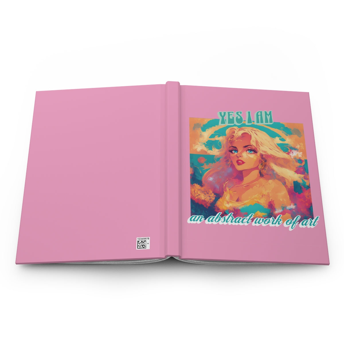 Open pastel pink notebook with an illustration of a blonde beautiful woman with blue eyes 