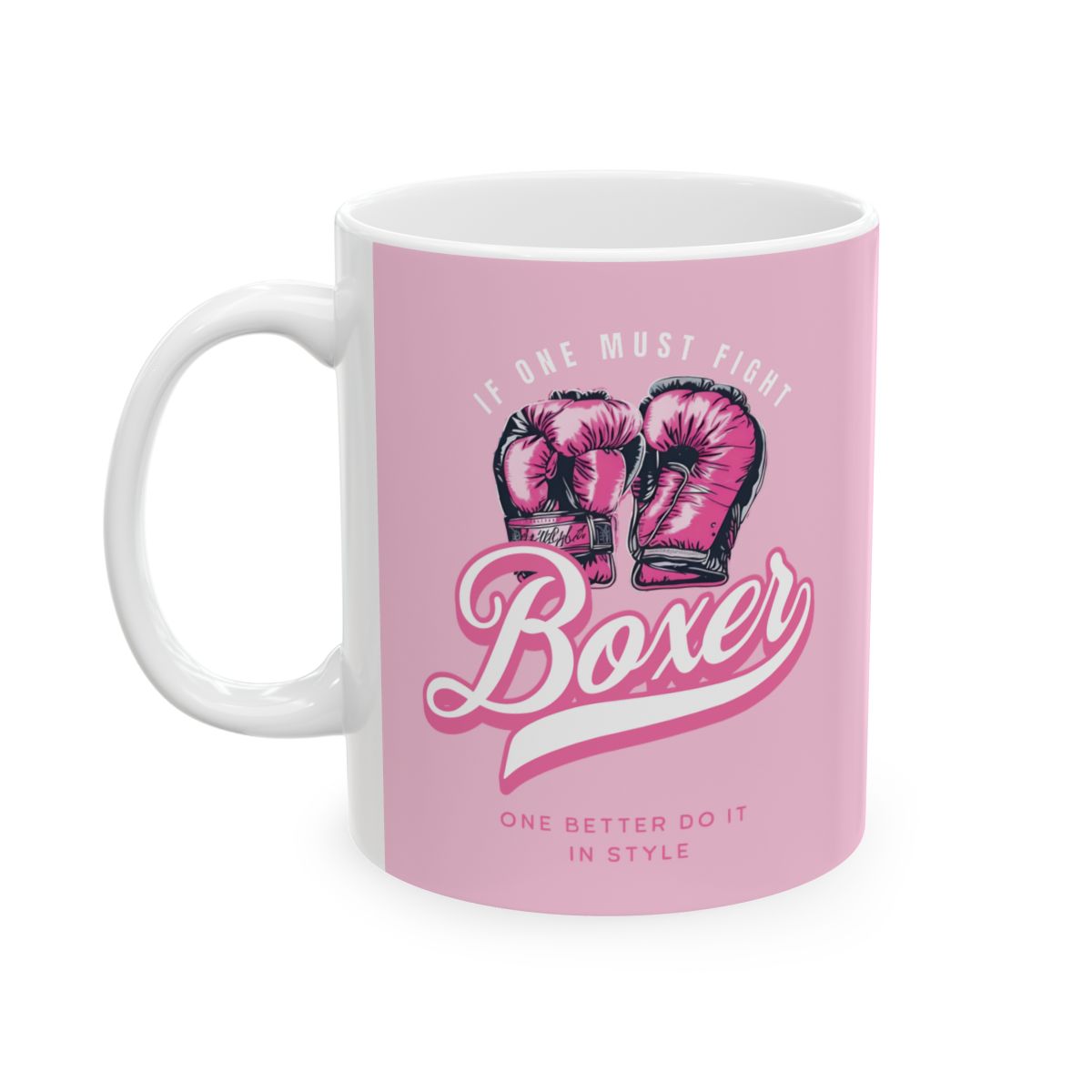 Baby Pink mug with pink boxing gloves design and a retro pink text 
