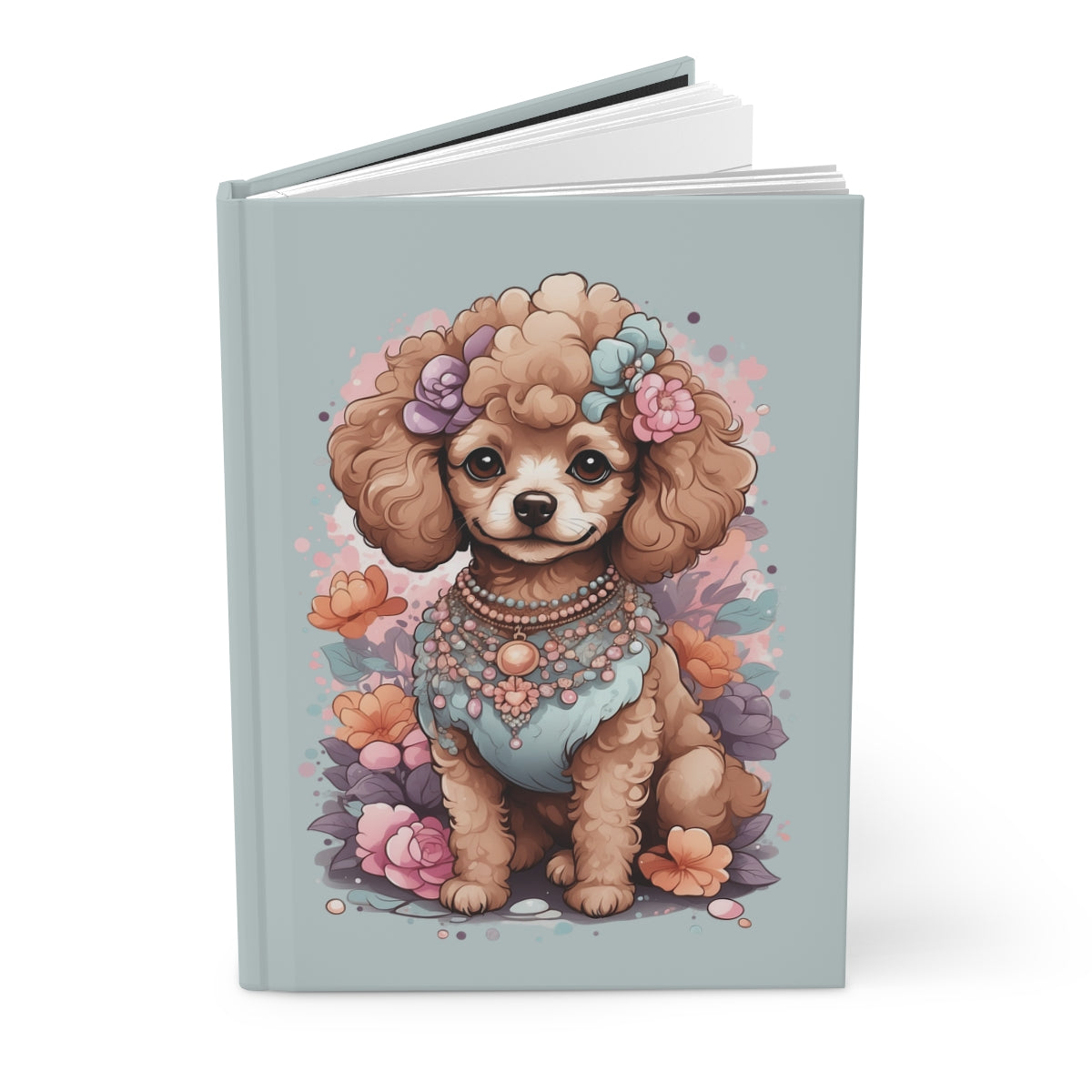 Notebook with a kawaii style fashionable toy poodle illustration on a light blue background