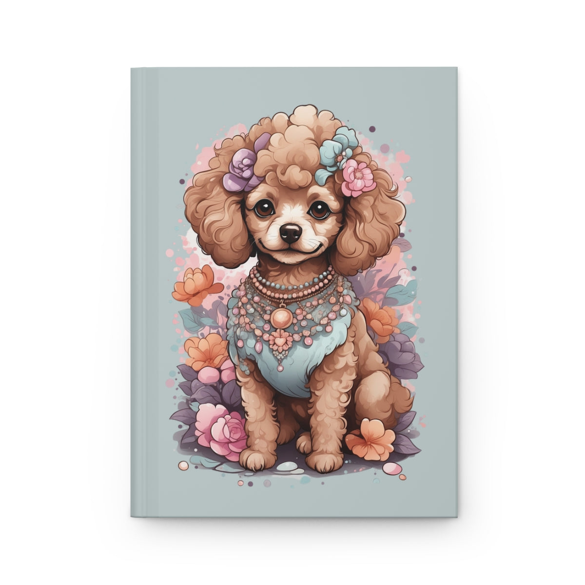 Pastel blue journal with an Illustration of a girly aesthetic toy poodle wearing jewelry and pastel colored flowers 