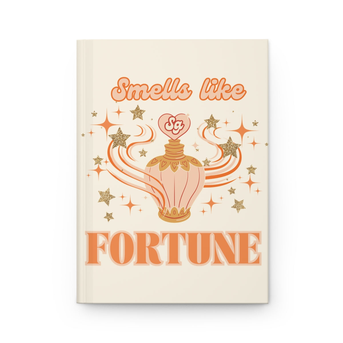Journal with an illustration of a pastel orange vintage perfume bottle surrounded by glittery stars, and  'Smells like Fortune' text written in pastel orange retro aesthetic letters