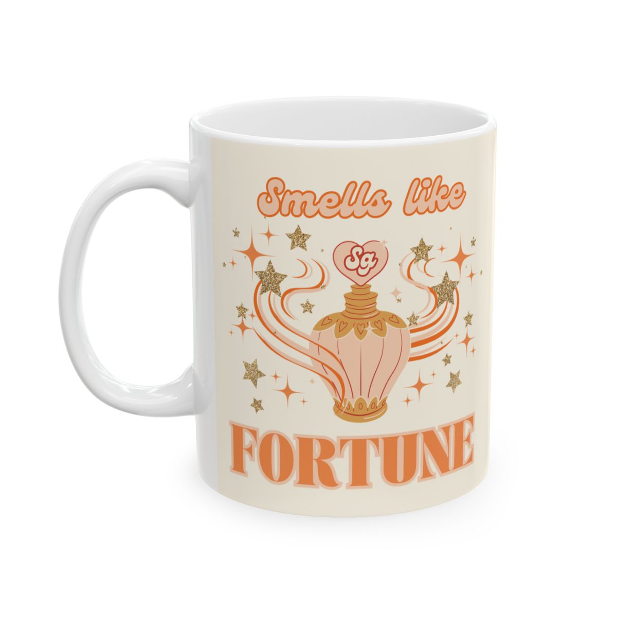 Mug with orange vintage style perfume bottle illustration surrounded by stars and an orange groovy style text 'Smells like Fortune' 