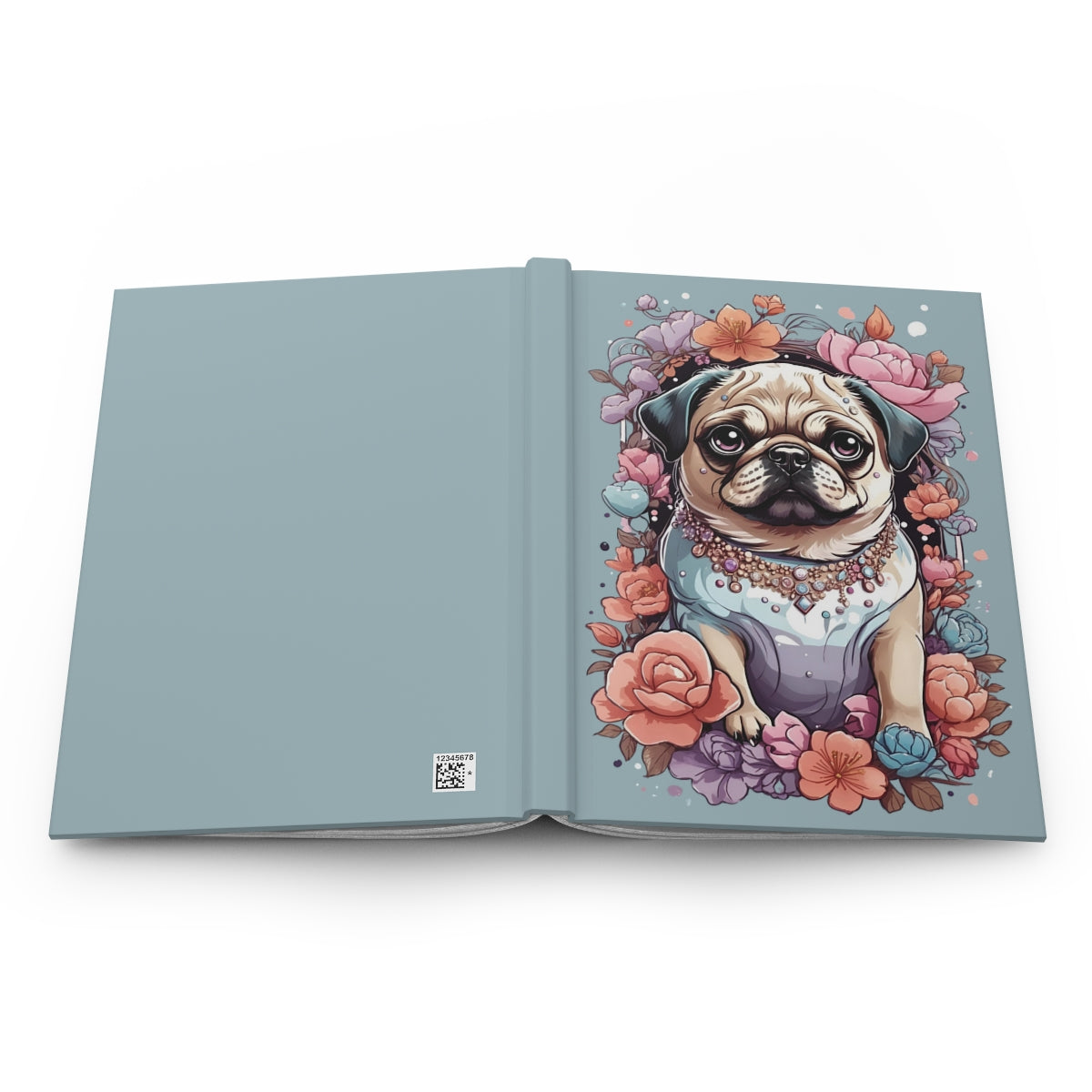 Open notebook with a pastel colored illustration of a girly aesthetic pug dressed with jewelry surrounded by flowers on a light blue background