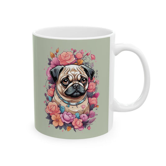 pastel green mug with a kawaii pug and pastel colored flowers design 