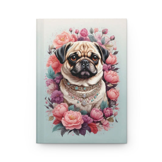 Light blue Journal with the design of a pug wearing pastel colored diamond necklace surrounded by lots of pastel colored flowers