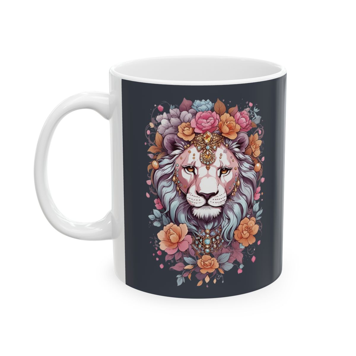 Mug with a lioness dressed in jewelry and colorful flowers design on a dark background 