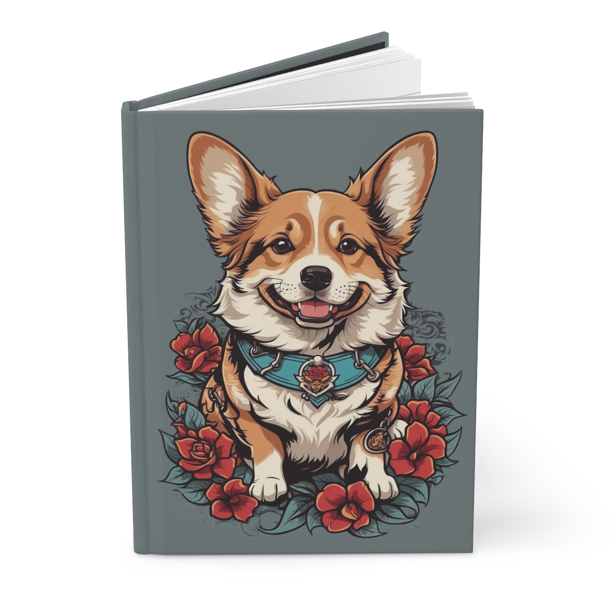 Notebook with a tattoo art style corgi illustration and tattoo art flowers 