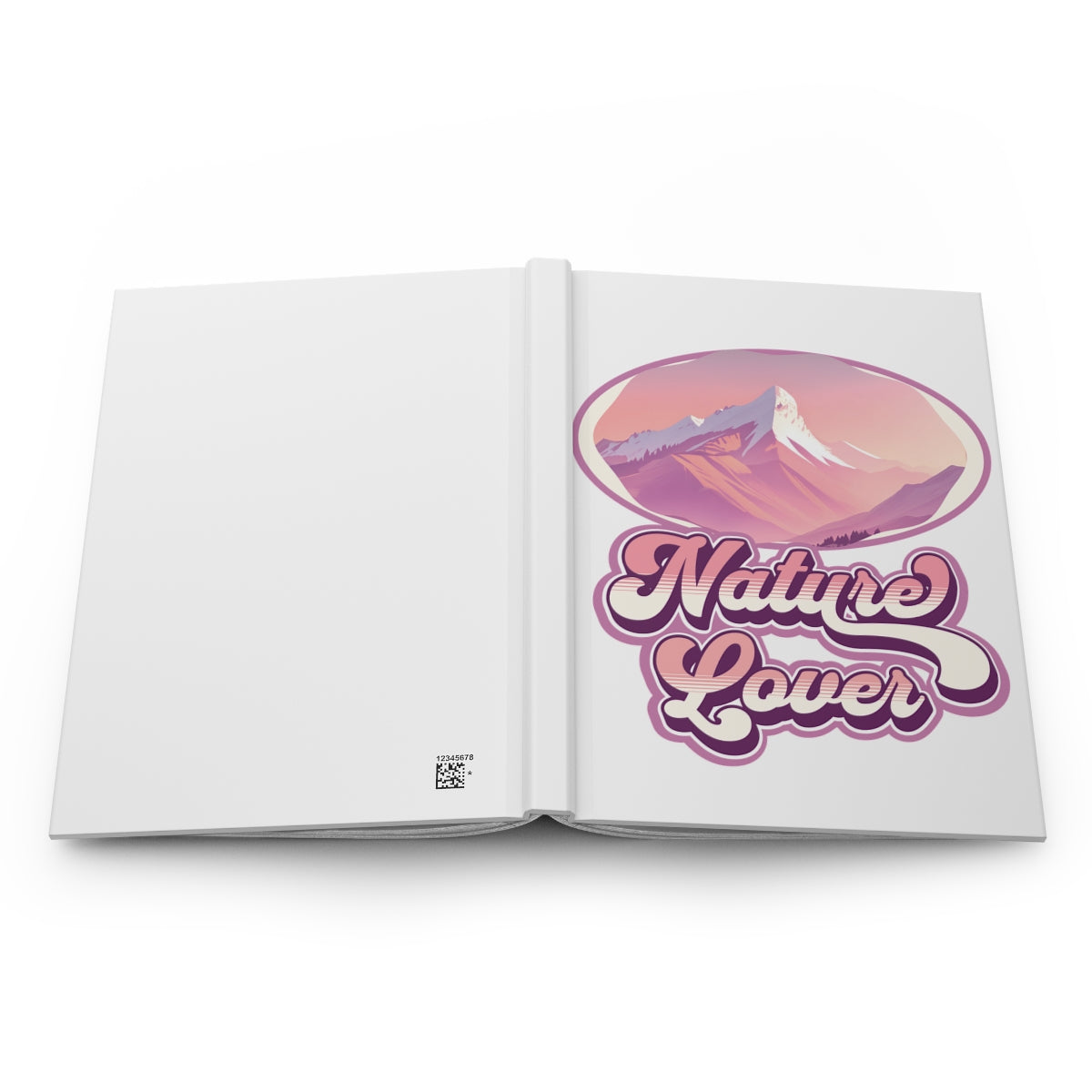 Open hardcover notebook with groovy style retro aesthetic 'Nature Lover' text in pink and purple colors and a pink mountain on a white background