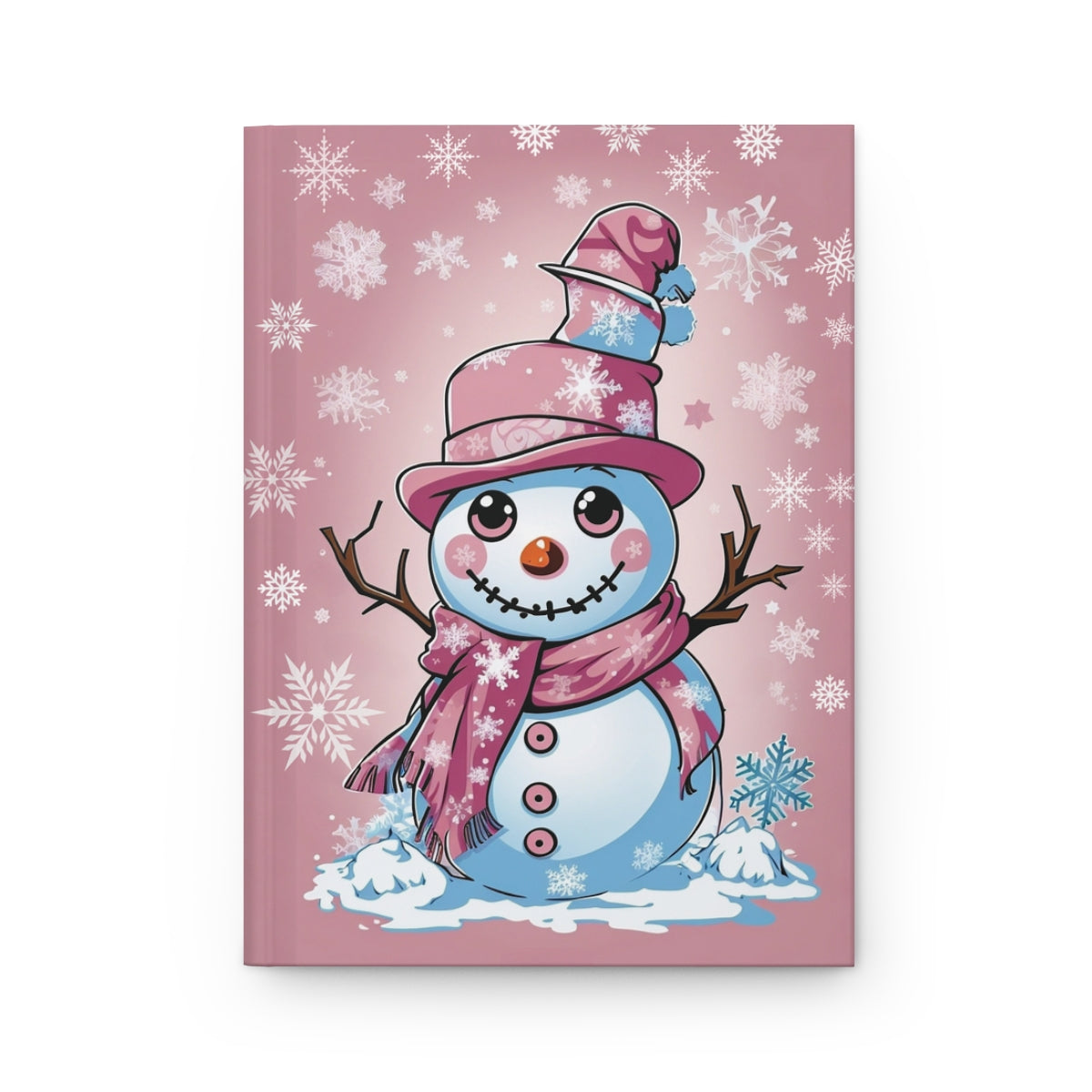 notebook with a pink girly retro aesthetic snowman design and snowflakes on a pastel pink background