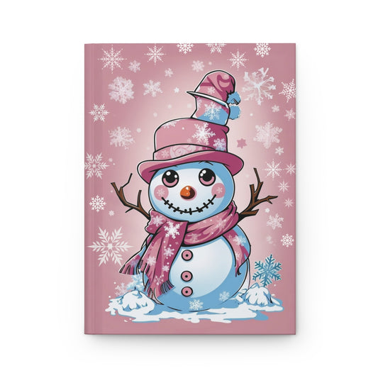 notebook with a pink girly retro aesthetic snowman design and snowflakes on a pastel pink background