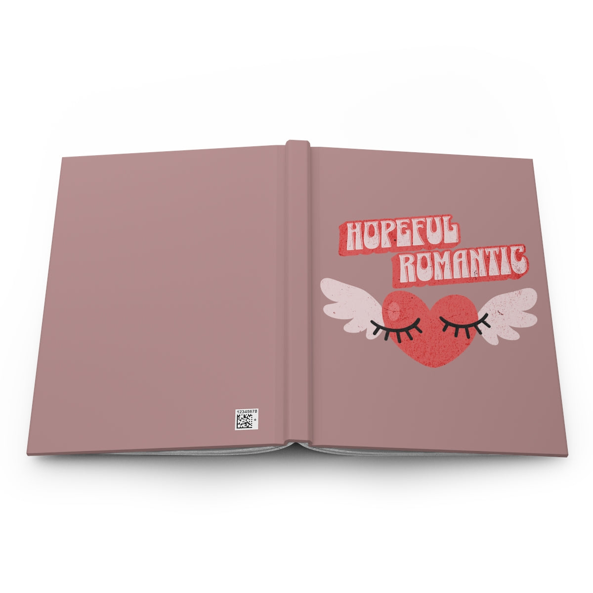 Open hardcover Notebook with 'Hopeful Romantic' text written in red vintage style letters and retro aesthetic heart with wings and flirty eyelashes design 